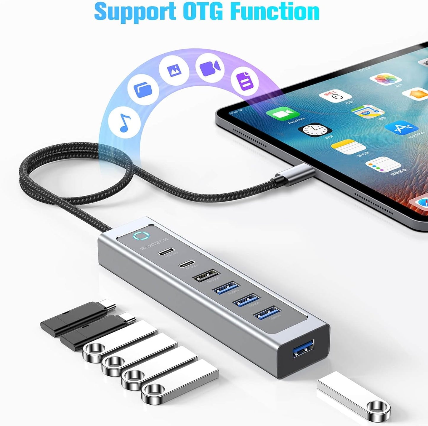 RSHTECH 7-Port USB C Hub Splitter 10Gbps with 3 USB-3.2 (2C + 1A), 4 USB-3.0 Ports and 2ft Long Cable, Aluminum USB-C Hub Multiport Adapters for Laptop and More, RSH-T17C