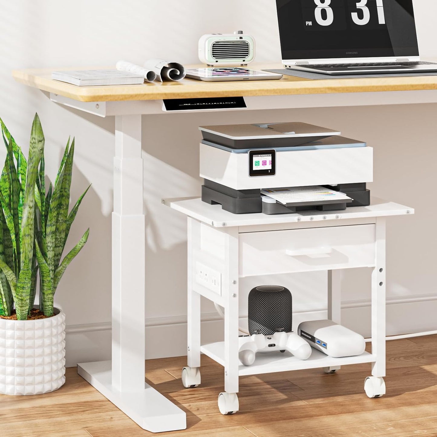 Lerliuo Under Desk Rolling Printer Stand with Charging Station and USB Ports, 2-Tier Printer Table Desk with Fabric Drawer, Printer Cart Holder with Lockable Wheels for Home, Office (White)