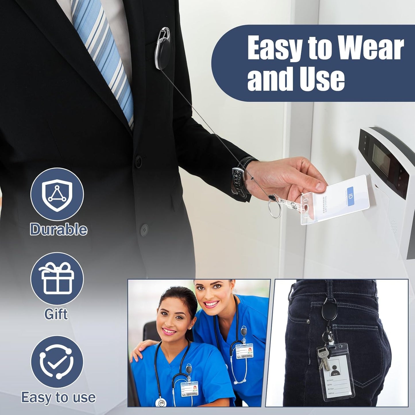 Laumoi Retractable ID Badge Holder Badge Reel with Belt Clip and Key Ring, Name ID Badge Clips Keychain for Office Worker Doctor Nurse Employee (Black,250)