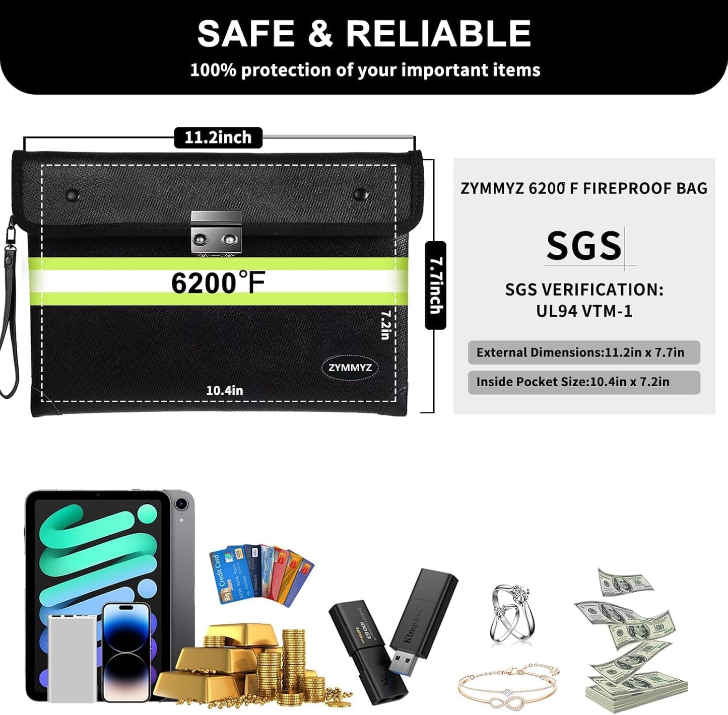 Upgraded Insulated FireProof Money Bag with lock for Cash,6200℉ Fireproof&Waterproof Document Pouch with Water Resistant Zipper Envelopes for Important Documents,Valuables（Not Suitable for A4 Files）