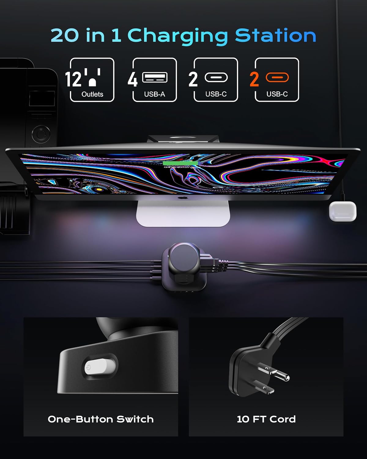 Dual PD 20W Power Strip Tower, TenTrend Surge Protector Power Strip with 12 AC Outlets & 8 USB Ports (4 USB C), 40W Desk Fast Charging Station, 10FT Flat Plug Extension Cord for Desk Office Dorm Room