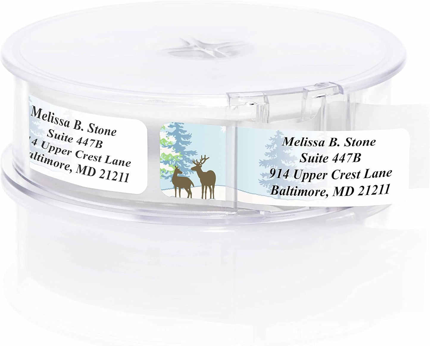 Festive Deer Designer Rolled Address Labels with Elegant Plastic Dispenser