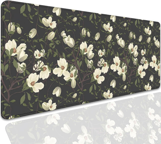 Magnolia Flowers Desk Pad Mouse Pad,Large Floral Mouse Mat with Stitched Edges,Non-Slip Rubber Base Black Mousepad for Office PC Keyboard Laptop and Home Work Desk Mat(27.5X11.8 in)