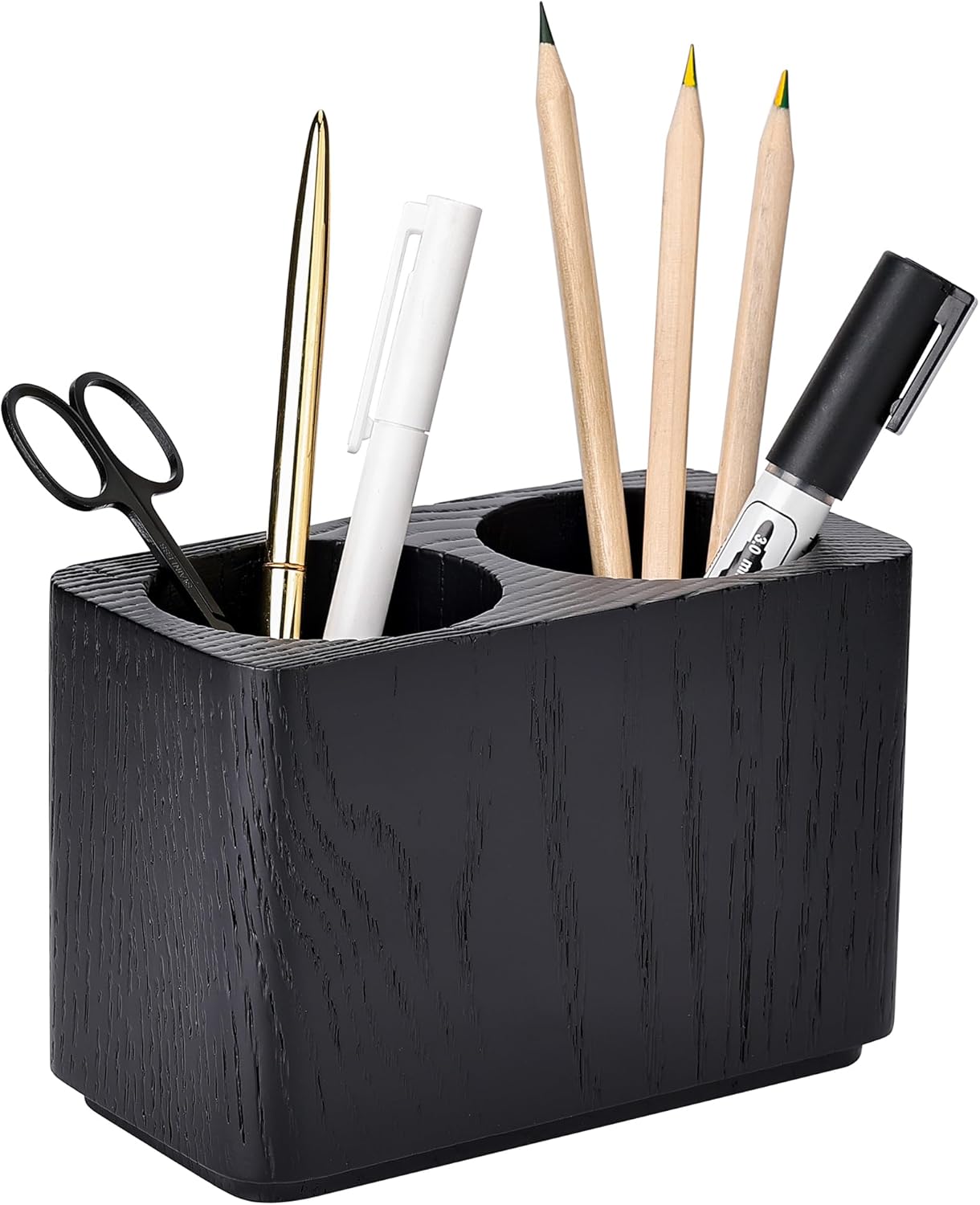 Oak Solid Wood Pen &Pencil Holder for Desk, Office Stationery Organizer, Table Pencil Cup Stand,Desk Accessories Holder, Two Cups Practical Design. (Char Black)