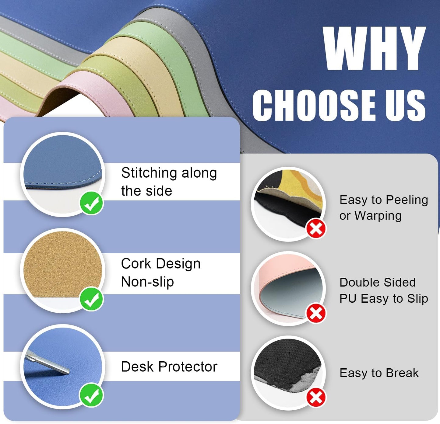 Large PU Leather Desk Pad Protector, Non-Slip Computer Mat, 55'' x 17'' Office Mat for Home & Office, Laptop Blotter Pad for Mouse and Keyboard, Lake Blue