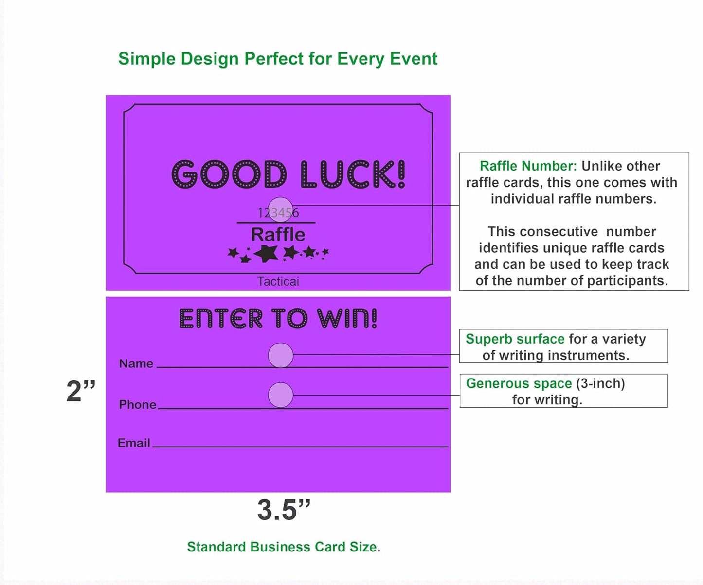 Tacticai 250 Raffle Tickets, Purple (1 of 8 Colors), Raffle Cards, Entry Form with Name, Phone & Email for Events, Fundraiser & Prizes