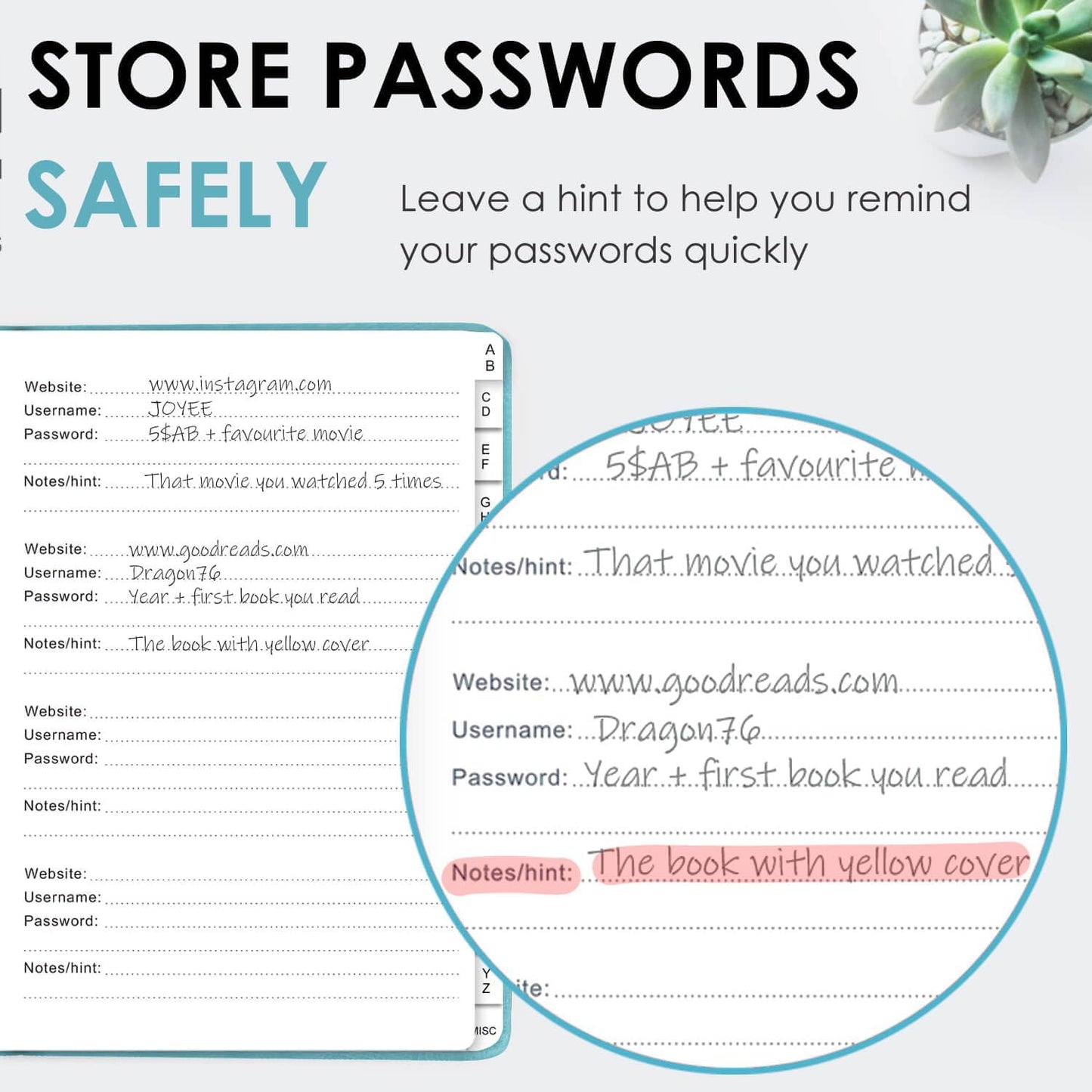 Elegant Password Book with Alphabetical Tabs - Hardcover Password Book for Internet Website Address Login - 7" x 10" Password Keeper and Organizer w/Notes Section & Back Pocket (Turquoise)