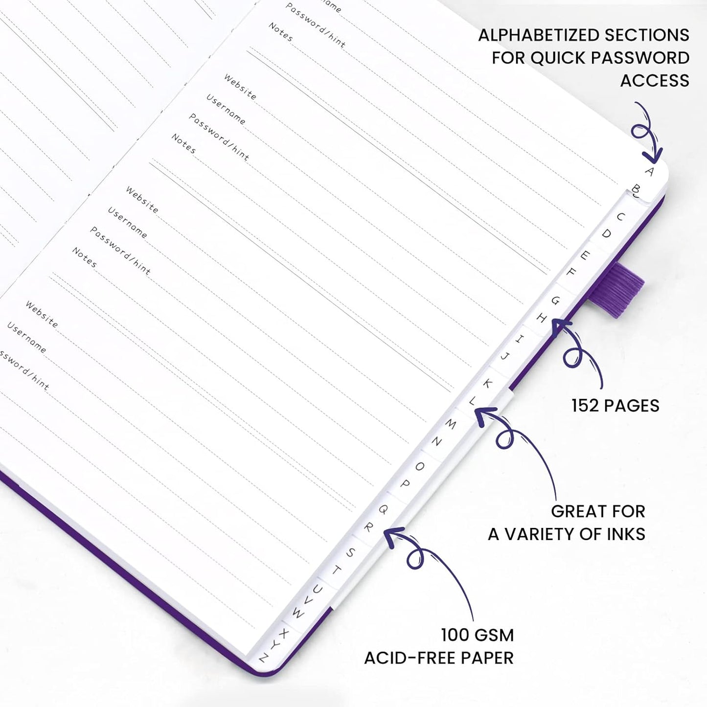 Password Book with Alphabetical Tabs, Hardcover Password Keeper, A5 Size 8.3"x6" Password Notebook for Saving Internet Login, Username, Password Organizer for Computer & Website Logins, Pruple