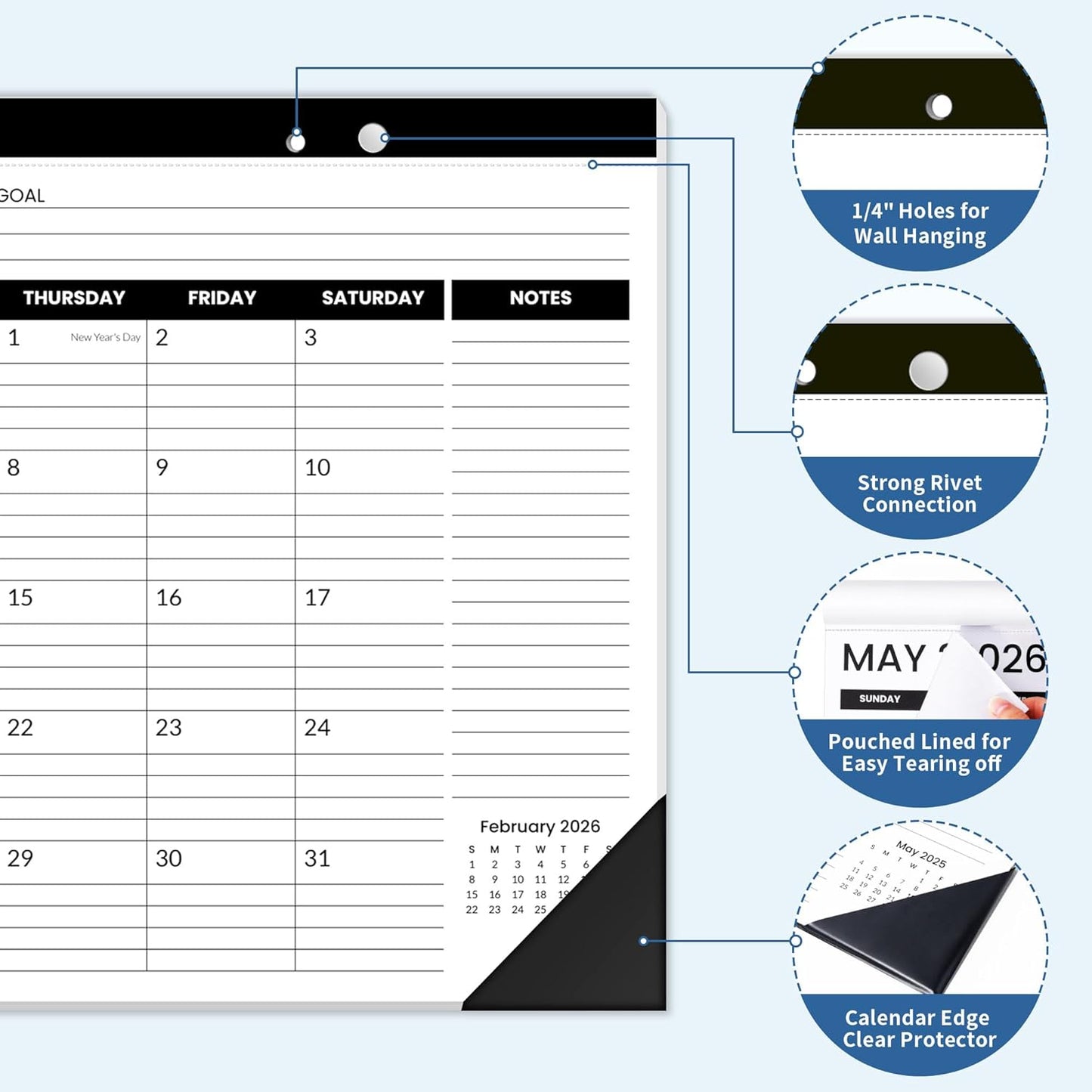 SUNEE Desk Calendar 2025-2026 17x12, 18 Months, JUL. 2025 - DEC. 2026, Academic Calendar 2025-2026, School Year Large Desktop Calendar Monthly for Teacher, Black with Note