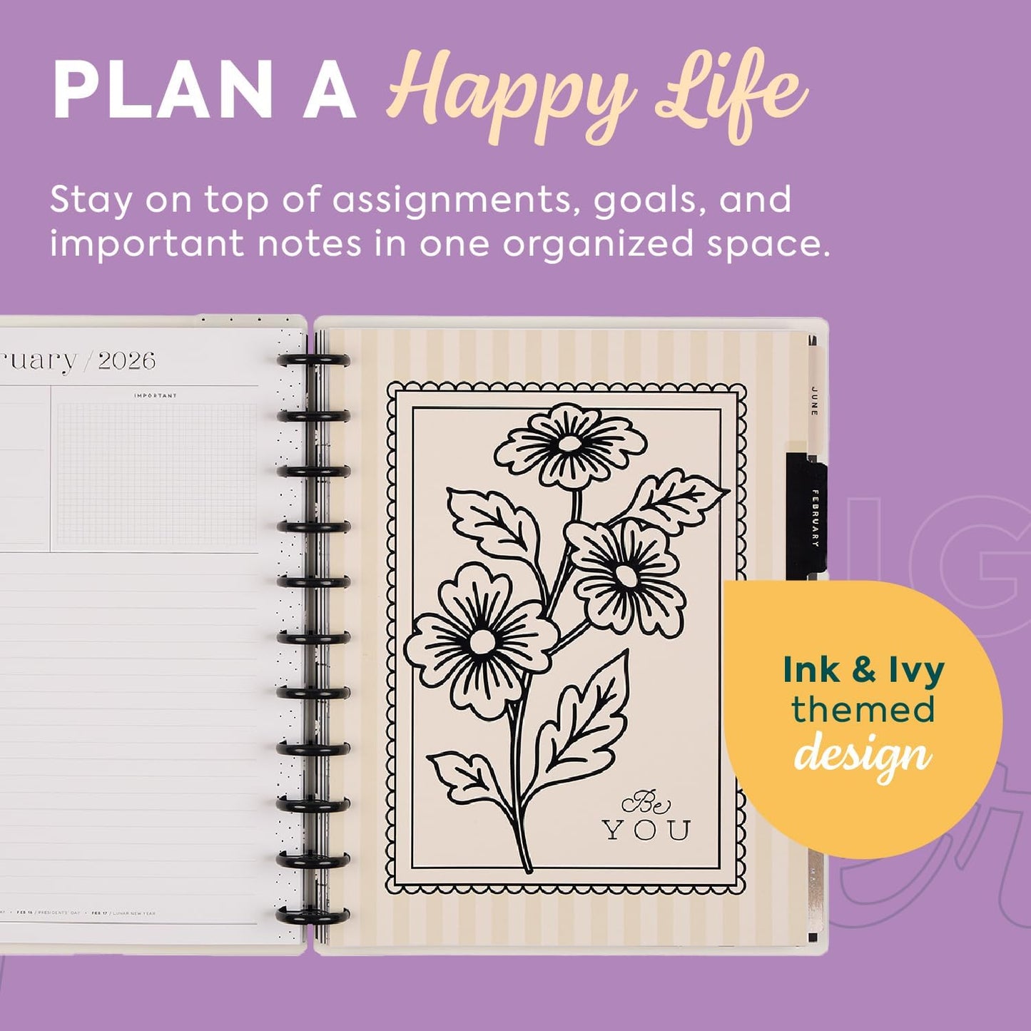 Happy Planner Disc-Bound Planner Jan.–Dec. 2026, Includes 3 Extra Months and 2 Sticker Sheets, Big Size, 8.5" x 11", Dashboard Layout, Ink & Ivy