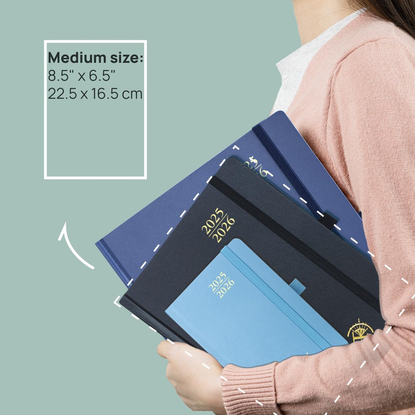 POPRUN Planner 2025-2026, (Medium 6.5'' x 8.5'' Hard Cover) Academic Calendar (July 25-June 26) Daily Weekly and Monthly Appointment Book with Hourly Time Slots, Monthly Tabs, 100 GSM - Pacific Green