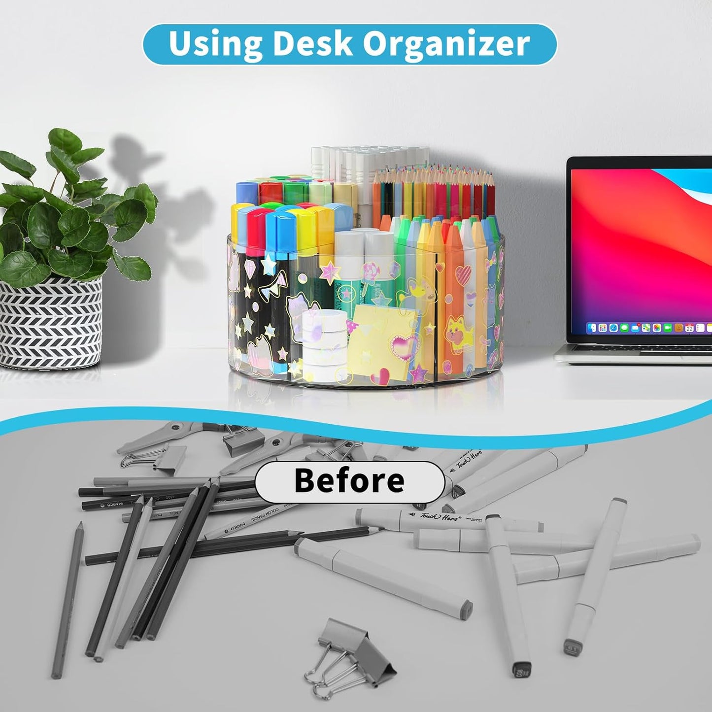 Acrylic Pen Holder with 2 Adhesive DIY Stickers, Desk Organizer Marker Holder with Cute Sticker, 360 Degree Office Supply Organizer Clear Pencil Holder Kid Art Supply Storage Organizer 6 Compartments
