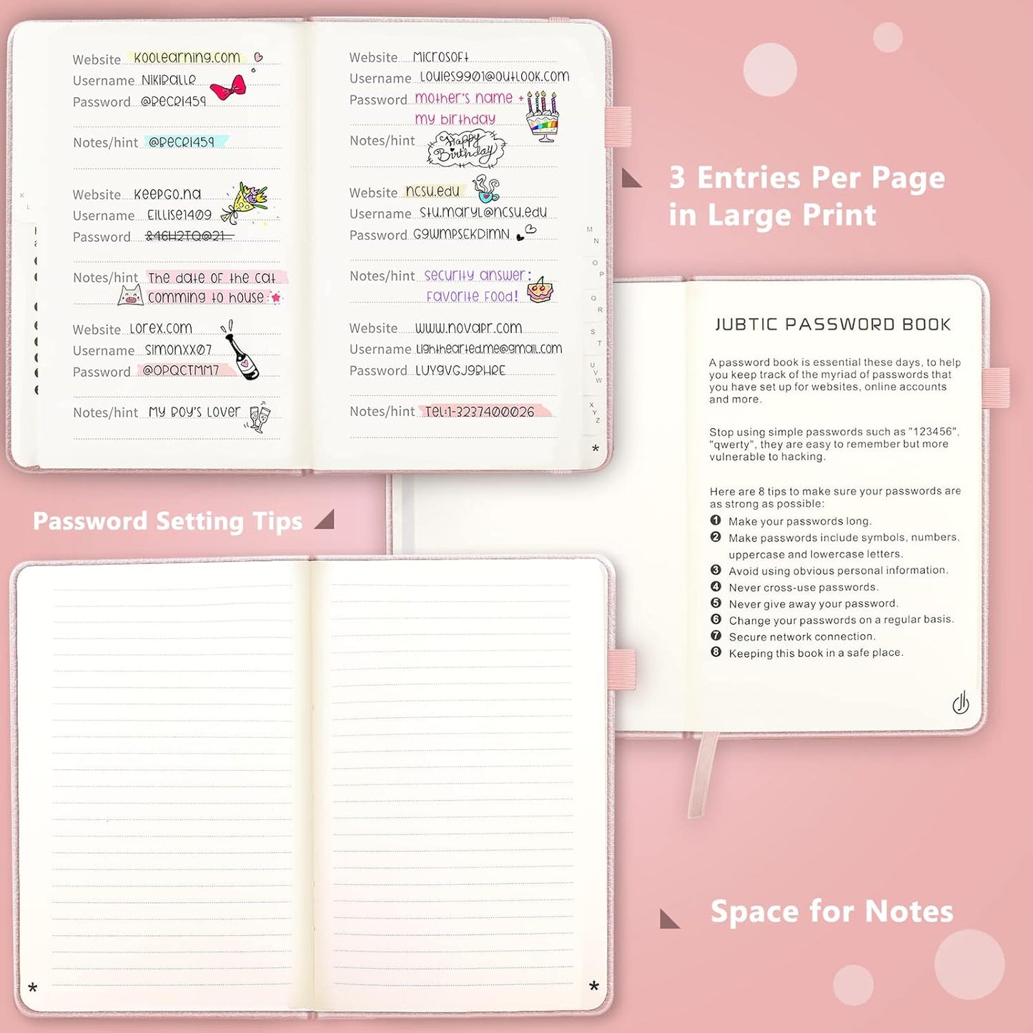 JUBTIC Password Book with Alphabetical Tabs, Small Size Internet Address & Password Keeper Logbook, Password Notebook Journal for Computer & Website Logins, Rose Gold