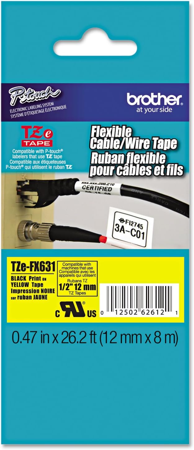 Brother Laminated Flexible ID Black on Yellow 1/2 Inch Tape - Retail Packaging (TZeFX631) - Retail Packaging