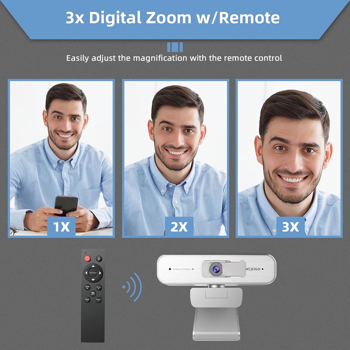NexiGo N940P 2K Zoomable Webcam with Remote and Software Controls | Sony Starvis Sensor | 1080P@60FPS | 3X Zoom | Dual Stereo Microphone, for Zoom/Skype/Teams/Webex (Silver)