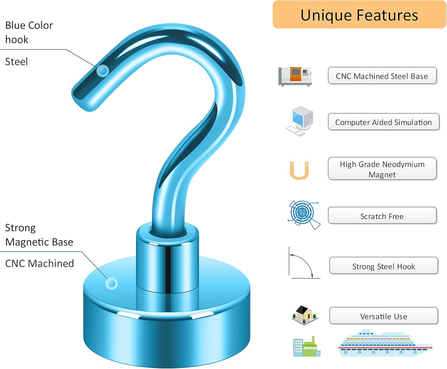 Neosmuk RoyalBlue Magnetic Hooks,30lb Heavy Duty Earth Magnets with Hook for Refrigerator, Extra Strong Cruise Hook for Hanging, Magnetic Hanger for Curtain, Grill (RoyalBlue, 4 Pack)