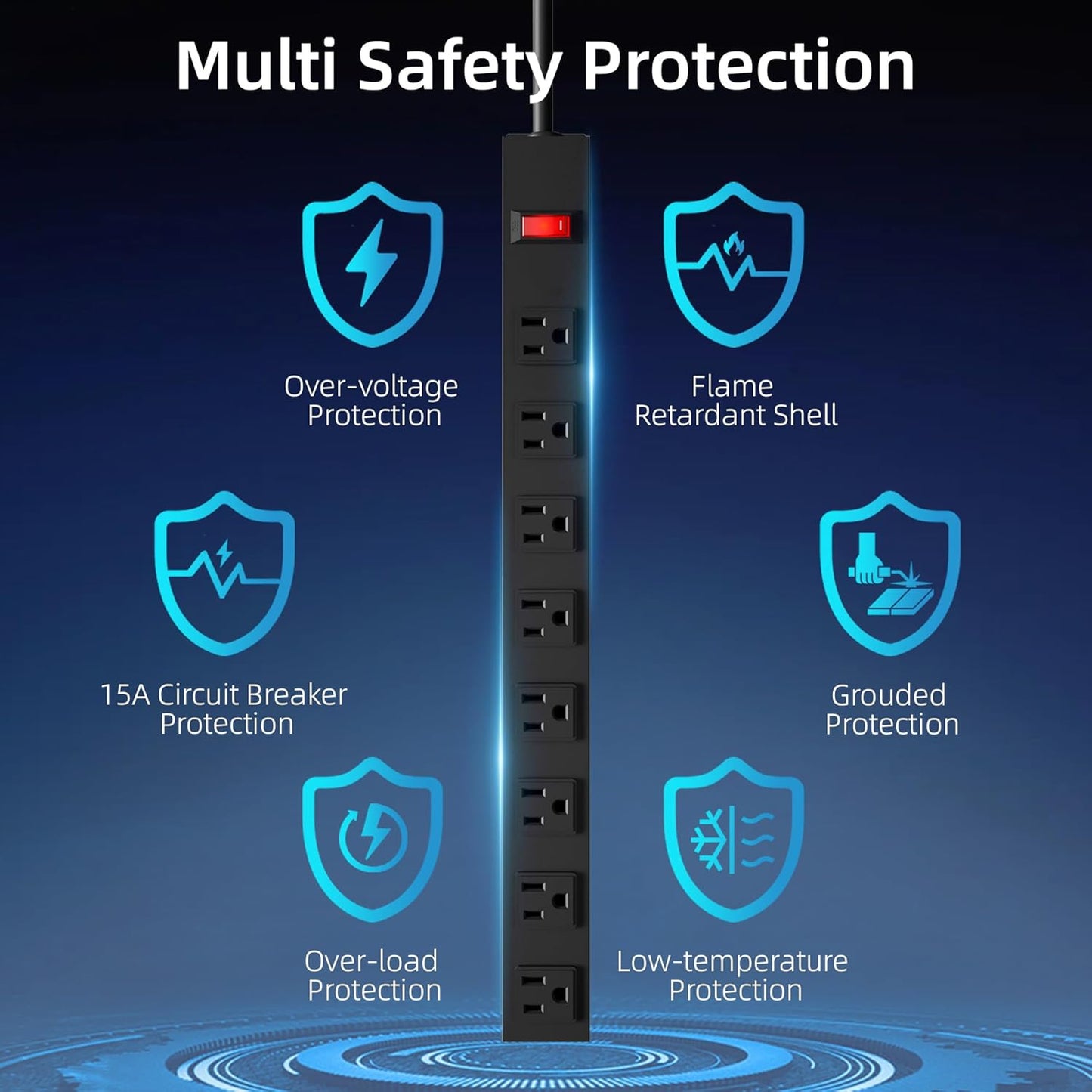 8 Outlet Metal Power Strip 10ft,Heavy Duty Power Strip with Wide Spaced,Black Power Strip with Long Cord for Kitchen,Office,School,Commercial,Workshop,Industrial,1825W/125V/15A,Black (10FT)