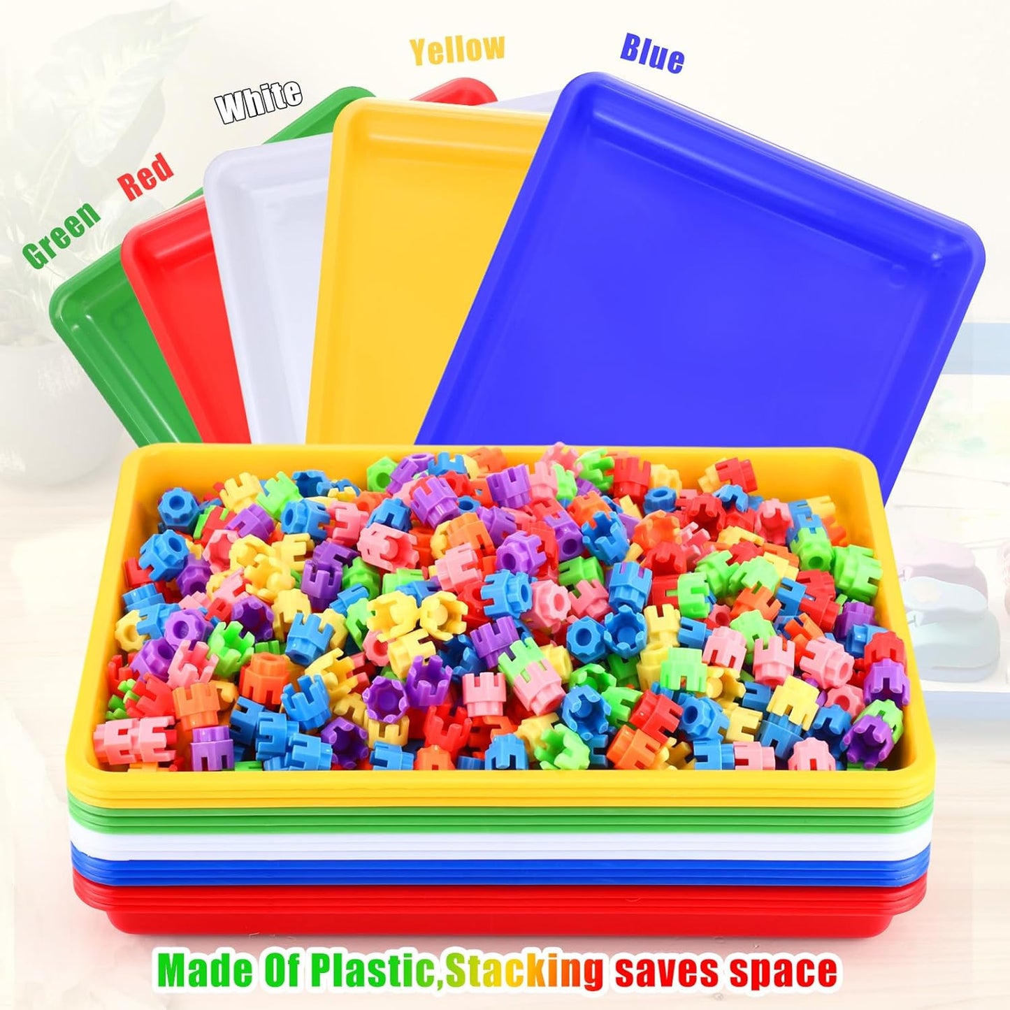 Maitys 15 Pcs Flat Plastic Trays 16.1 x 11.8'' Sensory Storage Tray Paper Stackable Classroom Bins for Office Home Organizer Arts and Crafts Supplies(Multicolor)