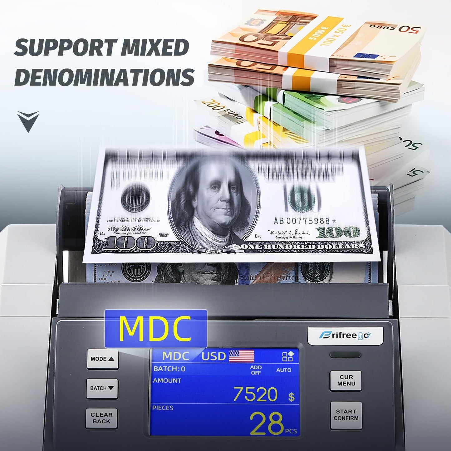 Money Counter Machine Mixed Denomination with Value Count, Touch Screen with 5 Currencies Suitable, MT/UV/MG/IR Counterfeit Bill Detection, 6 Modes Available Cash Counter with LCD Display