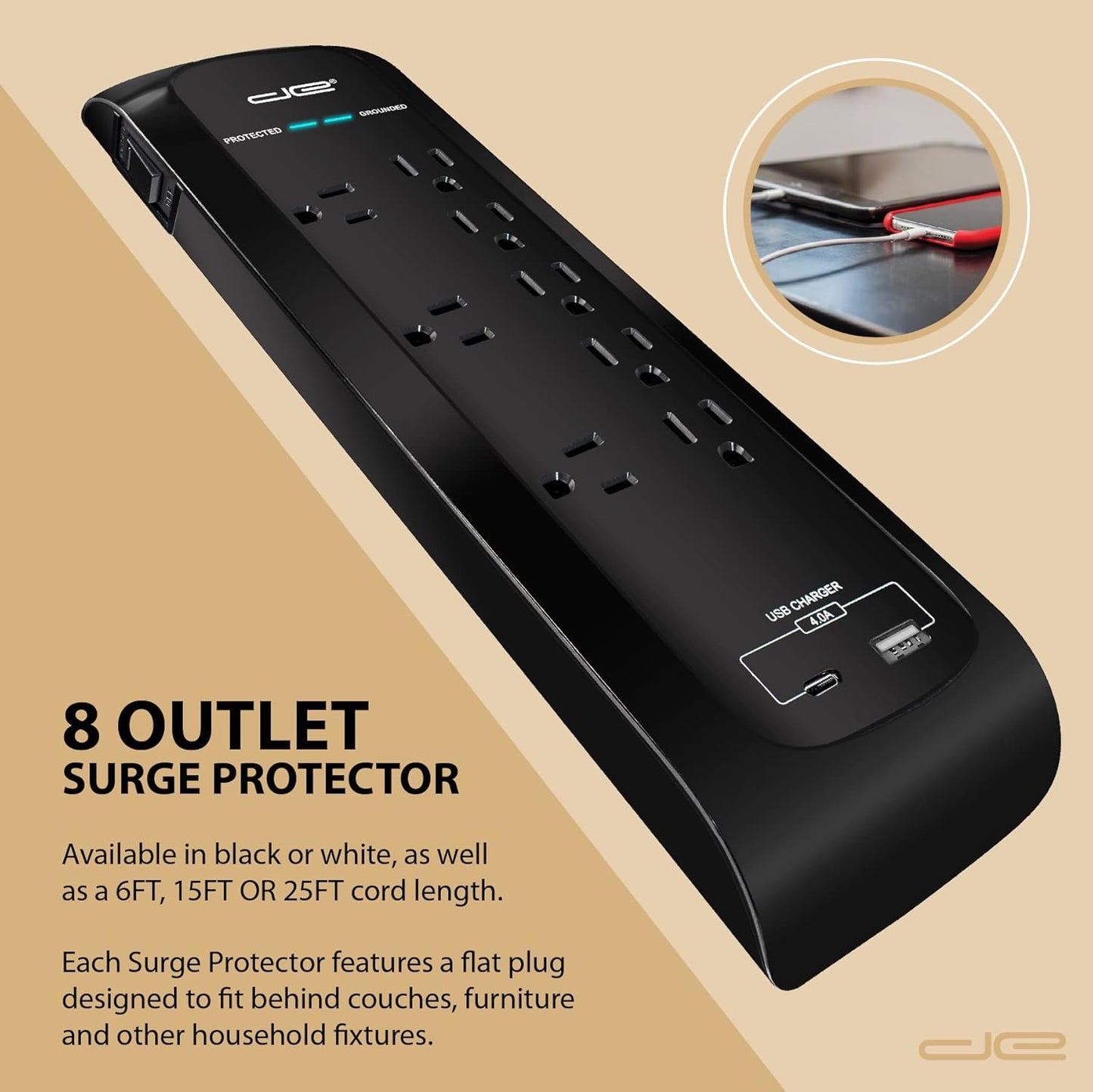 Digital Energy USB-C and USB-A 8 Outlet 8 Outlet 4200 Joules Surge Protector Power Strip, 3 Wide Spaced Outlets, 6 Foot 14/3 AWG Cord, Black