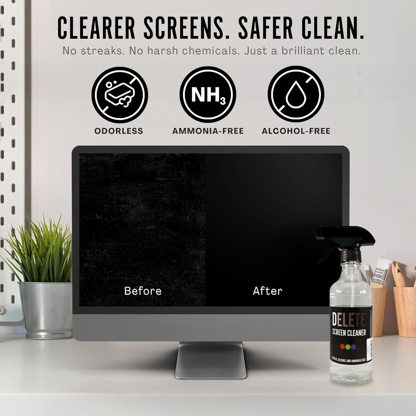 Delete Screen Cleaner Spray Kit, 16oz Bottle and 12"x12" Microfiber Cleaning Cloth, Streak-Free, Safe and Gentle Formula, Multi-Purpose for Devices, Large TVs, Computers, Monitors, Smart Phones