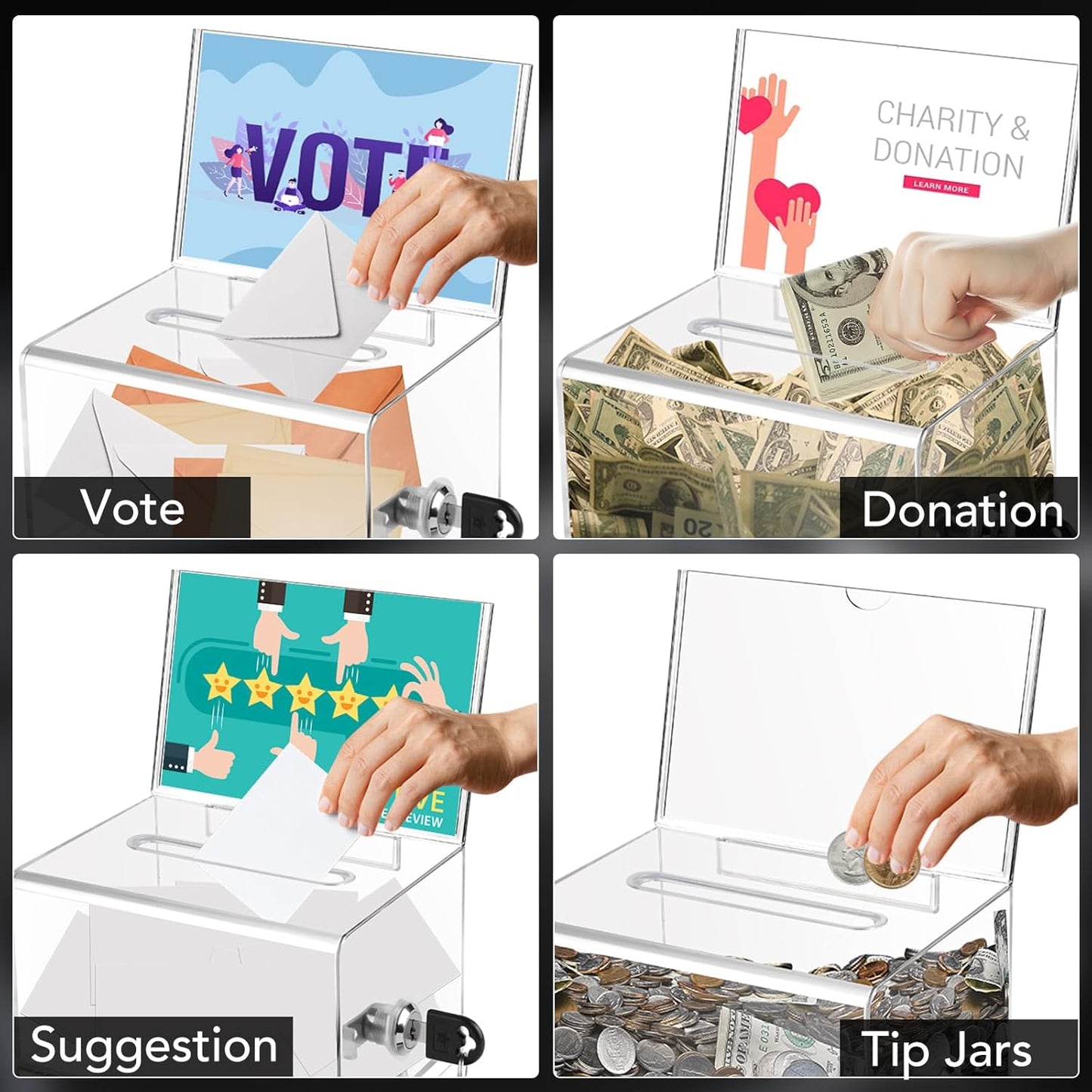 VOISEN Clear Donation Box with Lock,Ballot Box with Sign Holder,Suggestion Boxes for Fundraising, Tip Jar with Slot for School,Conference 6.2x4.6x3.9 Inch