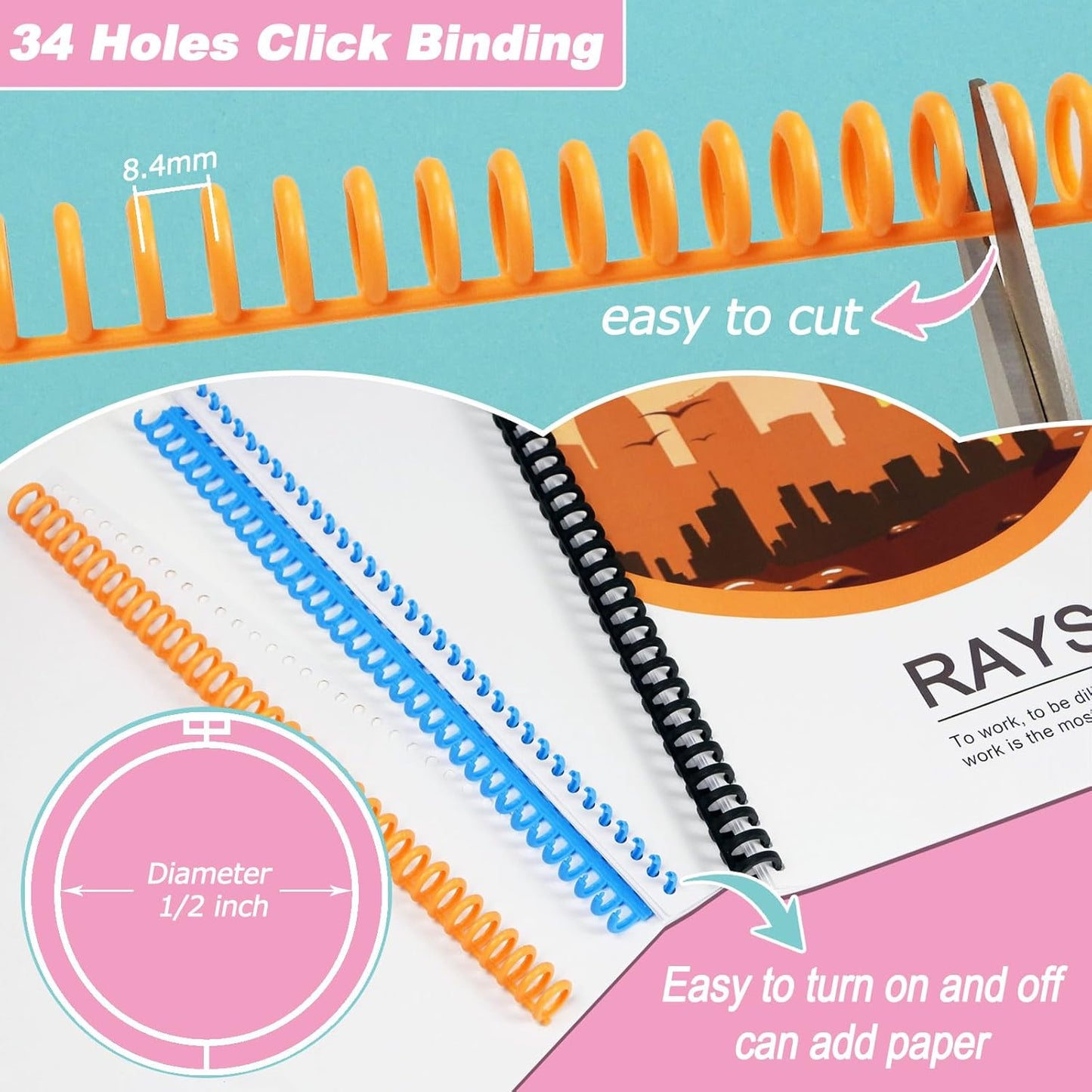 Rayson Click Binding Spines, 34-Hole Click Binding Ring for A4 and U.S. Letter Size Paper, Multi-Color, 1/2" Diameter, 3:1 Pitch, Binds Up to 90 Sheets, 30 Pack