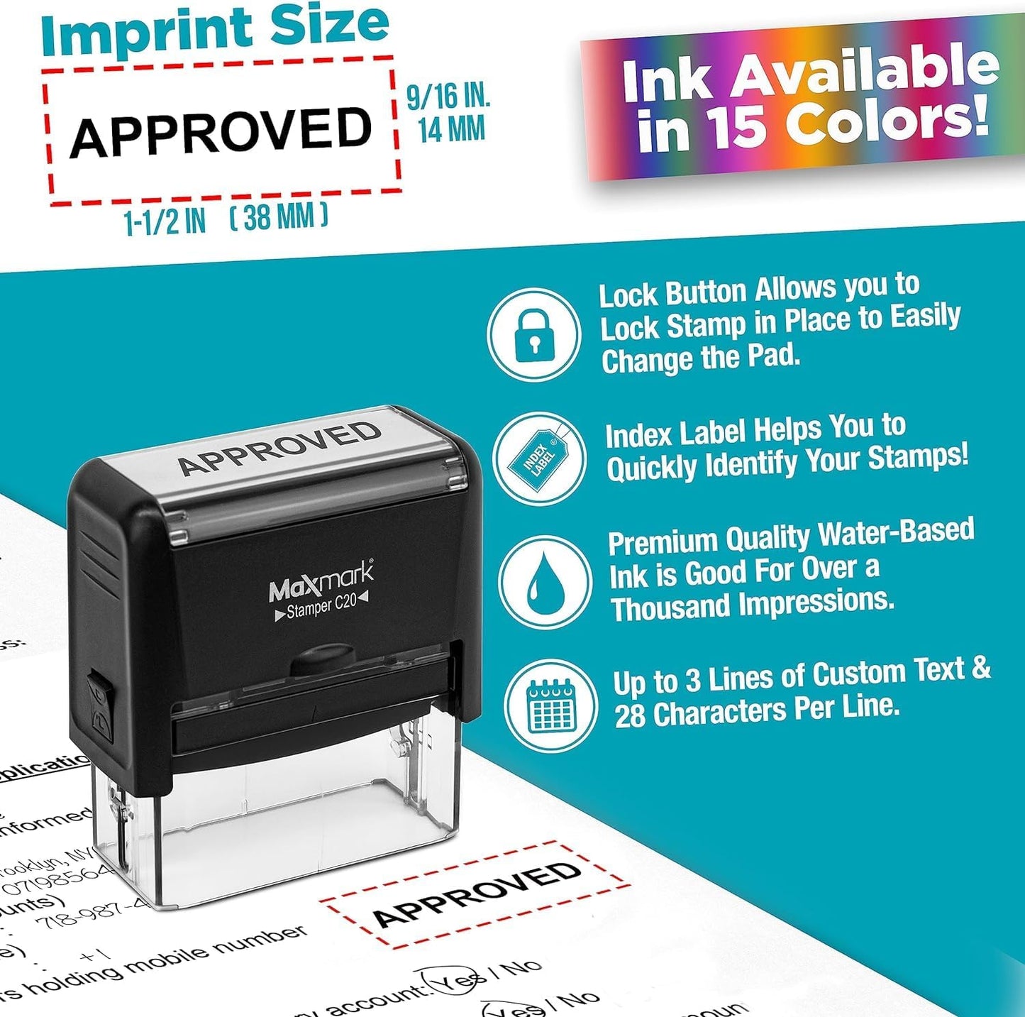 MaxMark Customized Self Inking Stamp - Up to 2 Lines of Text - Small & Wide Size - Choose from 15 Ink Colors