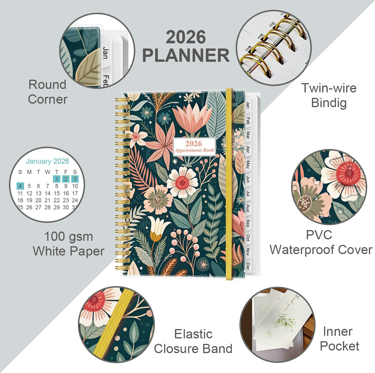 2026 Appointment Book & Planner - 2026 Daily Hourly Planner from January 2026 - December 2026, Weekly Appointment Book with 30-Minute Interval, Medium 6.4" x 8.5", Flower-B