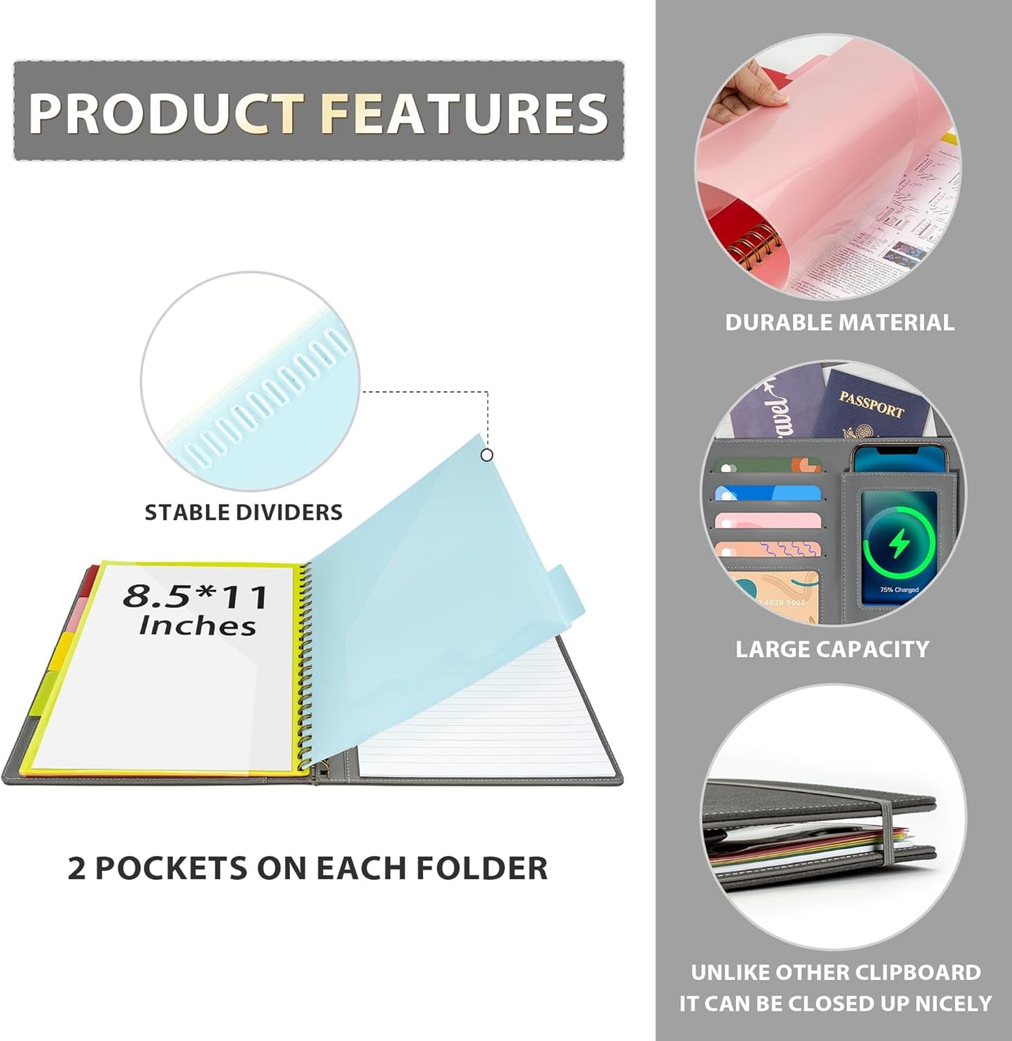 Clipboard with Storage for Men Women, Leather Padfolio Portfolio Organizer 5 Folders with 10 Pockets, Spiral Clipboard Folio with Notepad for Letter Size, Elastic Closure and Pen Loop Grey