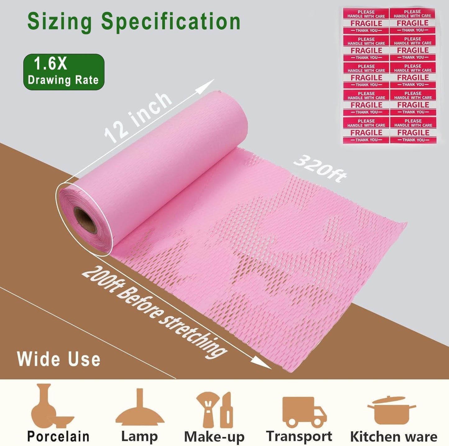Honeycomb Packing Paper, 12" x 200' Packing Paper Substitute Alternative for Bubble Cushioning Wrap for Moving Shipping Packaging, Recyclable Moving Supplies Bubble Packing Wrap Roll-Pink