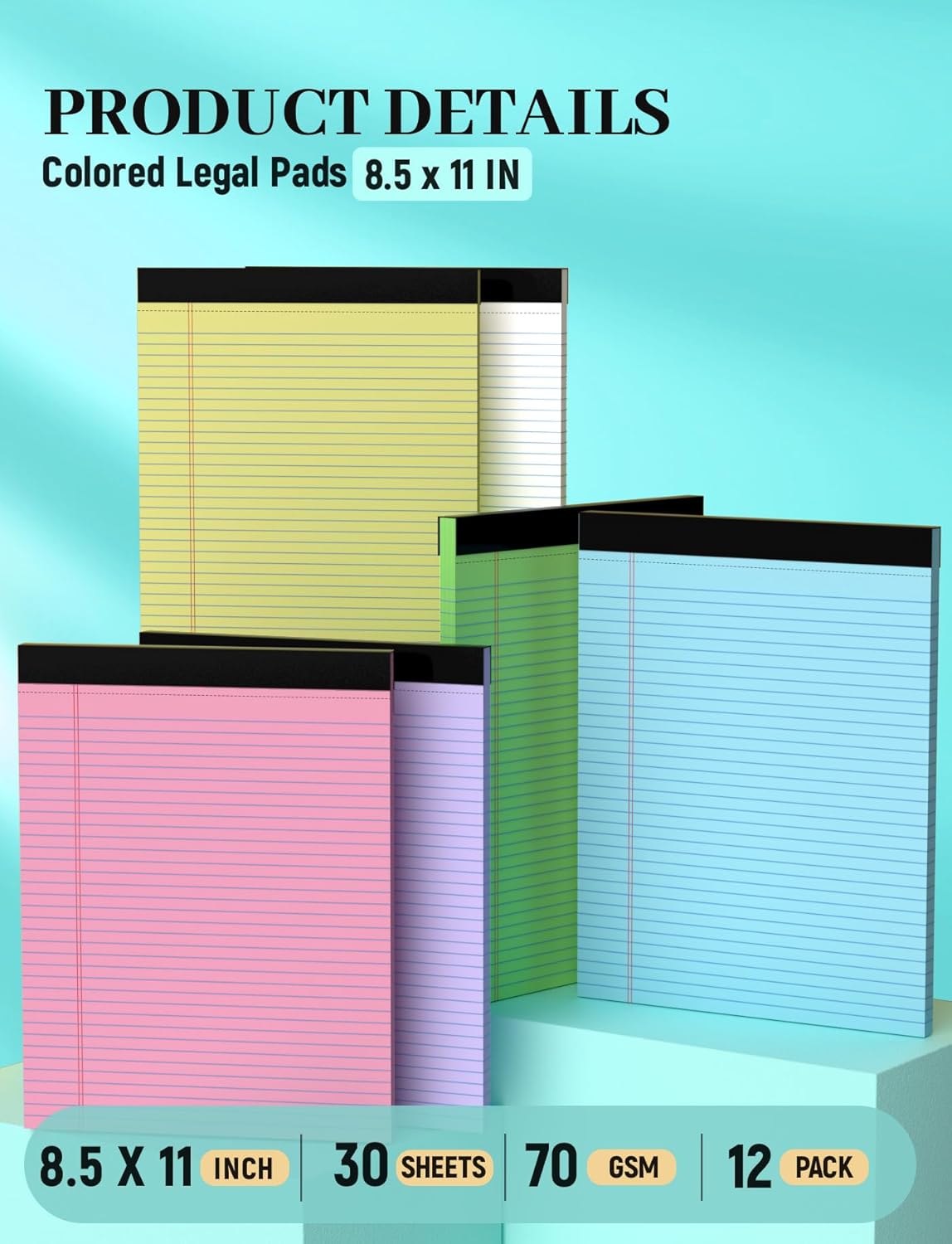 12 Pack Legal Pads 8.5 x 11, College Ruled, 30 Sheets Per Colored Legal Pads 8.5 x 11, Perforated Lined Paper Pads 8.5 x 11, Writing Pads with Sturdy Backing, Note Pads for School, Office, Home