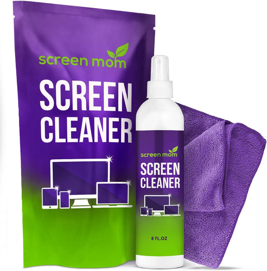 Screen Mom Cleaner Spray and Microfiber Cloth 8oz, Streak-Free Car Screen Cleaner Spray and Wipe for TV, Computer, Car, Phone, iPad, MacBook Laptop Cleaning Kit Electronic Devices Phone Cleaners