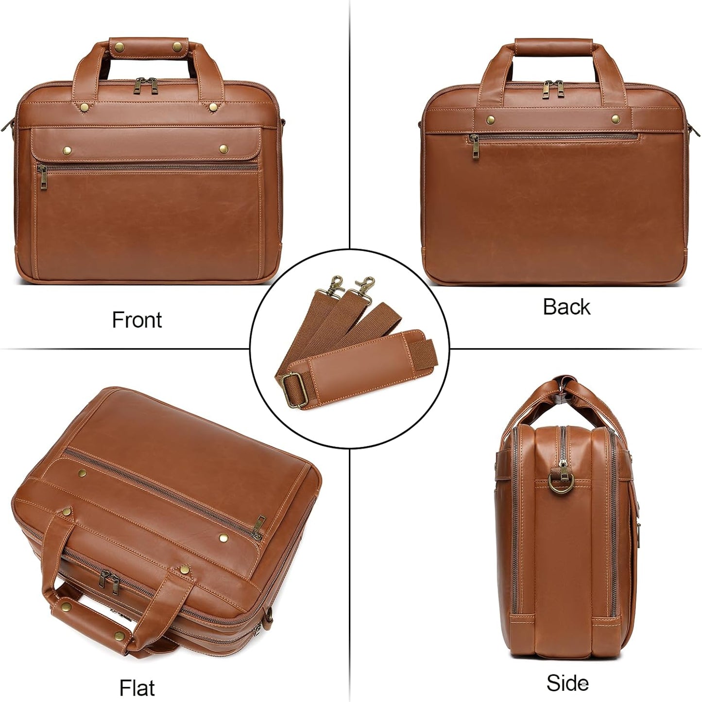 Leather Briefcases for Men 15.6 Inch Laptop Messenger Bag with Triple Compartments Water-Resistant Computer Shoulder Bag for Business, Travel, Work, Office, Coffee