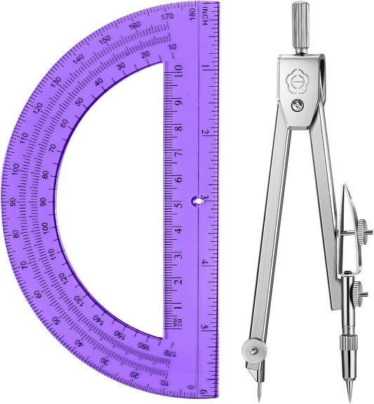 EBOOT Student Geometry Math Set, Drawing Compass and 6 Inch Swing Arm Protractor 180 Degree Math Protractor (Purple)