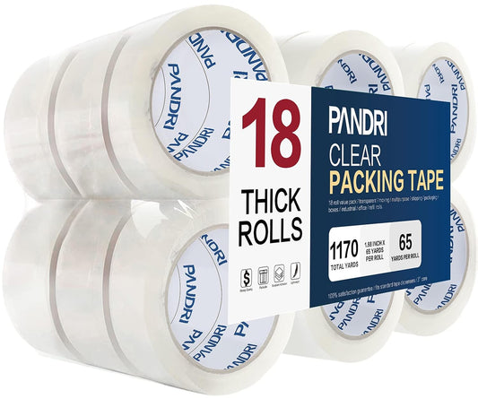 PANDRI Packing Tape, 18 Rolls Heavy Duty Clear Packaging Tape for Shipping Packaging Moving Sealing, 1.88 inches Wide, 65 Yards Per Roll, Total 1170 Yards
