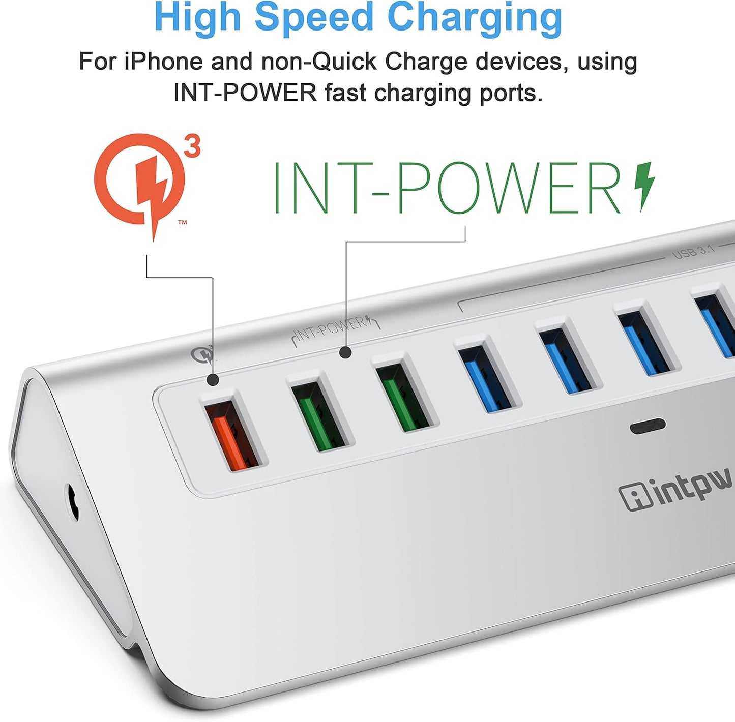 Powered USB Hub 10Gbps, 10 Port USB 3.1 Gen 2 Hub with 7 USB 3.1 Data Ports, 3 Fast Charging Ports, 36W Power Adapter, Type A and Type C Cable, Aluminum USB Data Hub for Mac, PC, Laptop