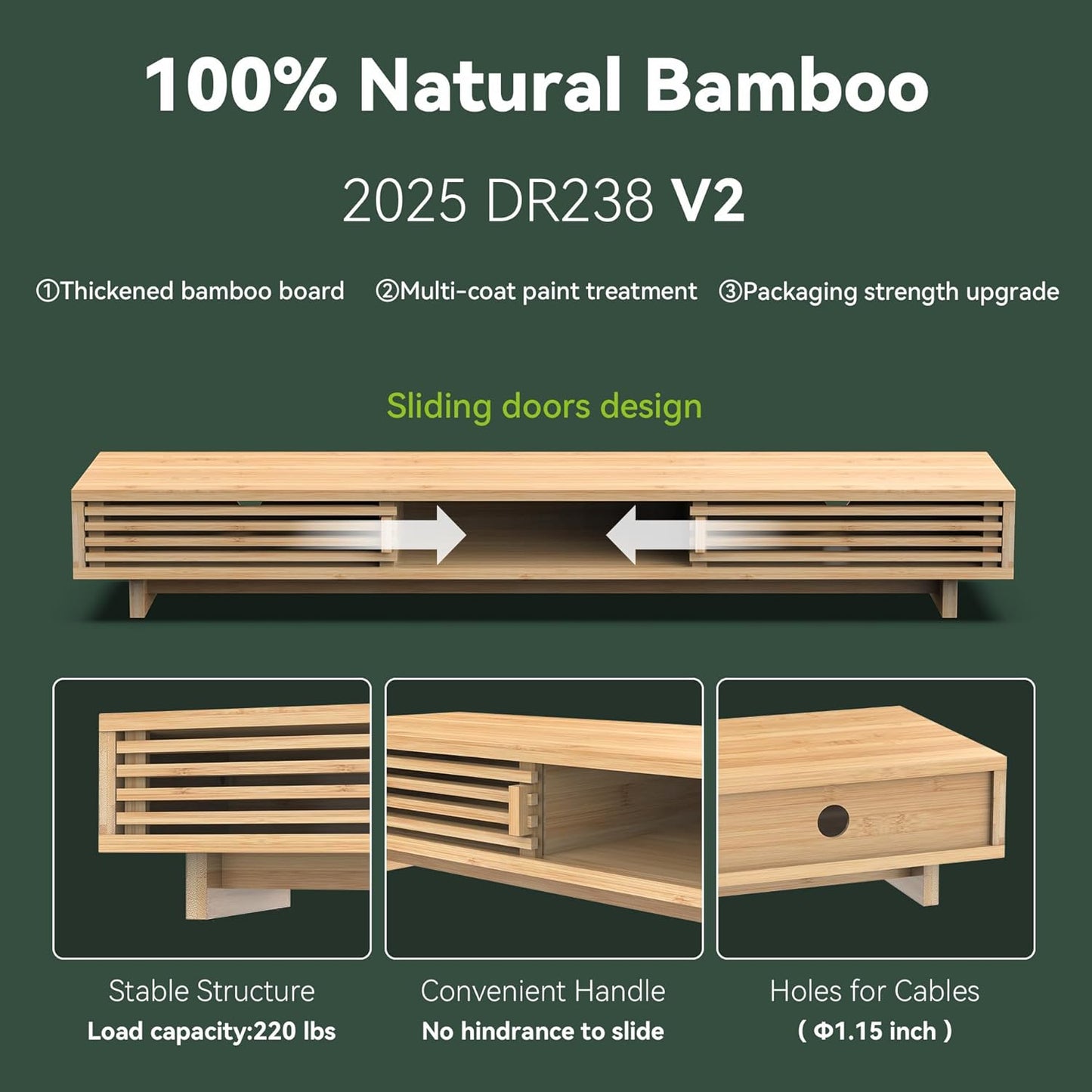 Dual Monitor Stand Riser with Sliding Door, Double Computer Laptop Stand Desk Shelf Organizer with Storage (Natural Bamboo, 38 Inch)