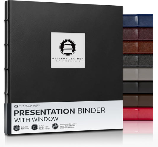 Gallery Leather 3 Ring Binder with Plastic Sleeves, Includes 10 Sheets, Sheet Size: 8.5" x 11" - Presentation Binder Rings with Window and Hubbed Spine, Thick: 1.25" Freeport Black