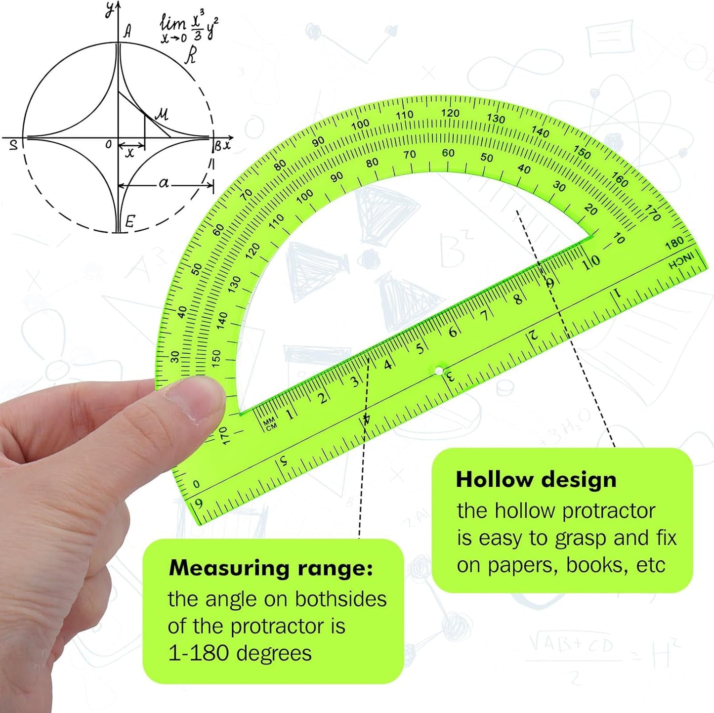 Zonon 2 Pcs 6 Inch Plastic Protractor Math Protractors 180 Degrees Angle Measurement, Translucent for Geometry Classroom Kid Student School Office Supplies(Green)