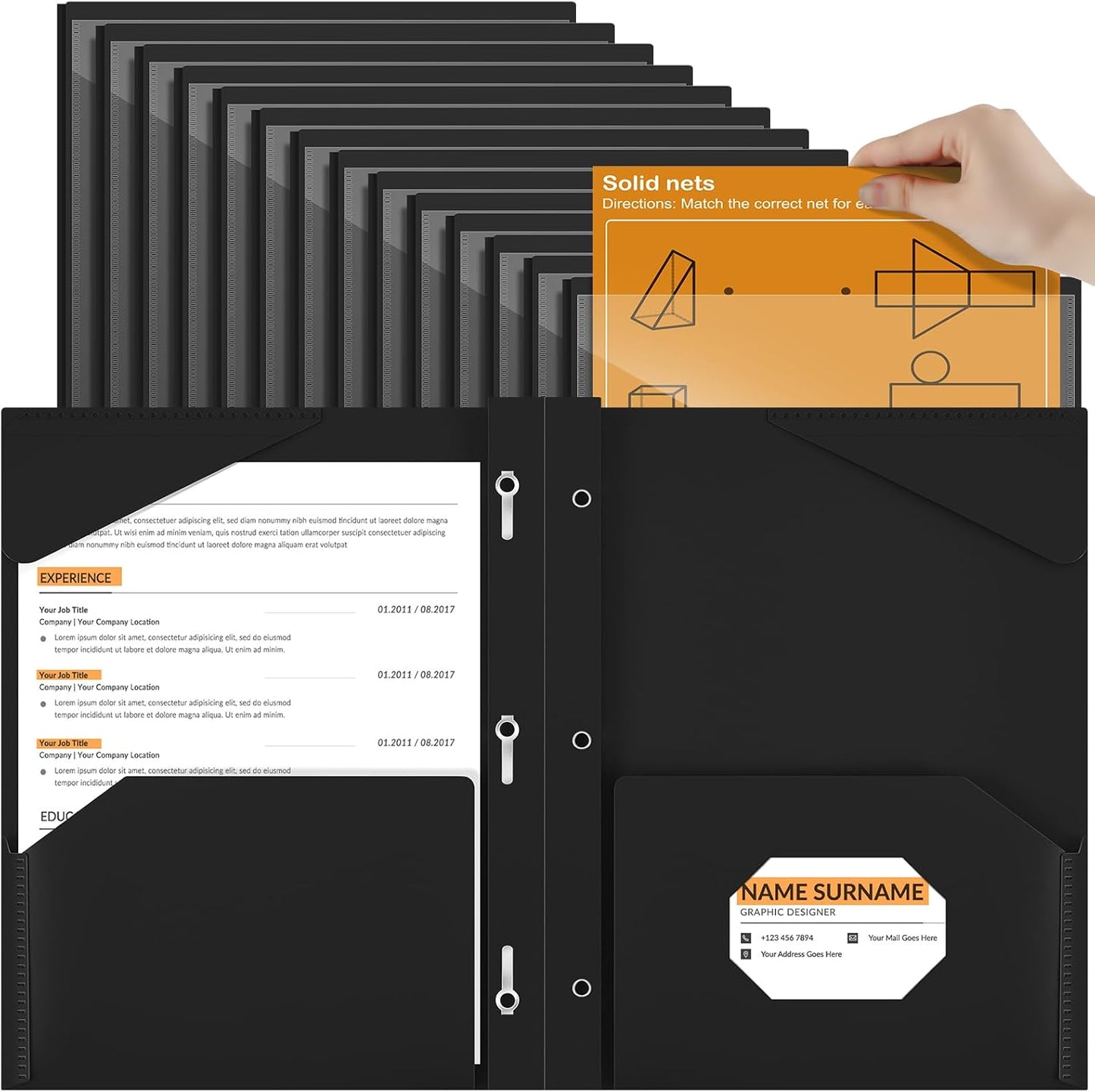 Henoyso 36 Pcs Plastic Folder with Clear Front Pocket and 3 Prong Plastic Folders with Card Slot Pocket Folders with Prongs for School Office (Black)