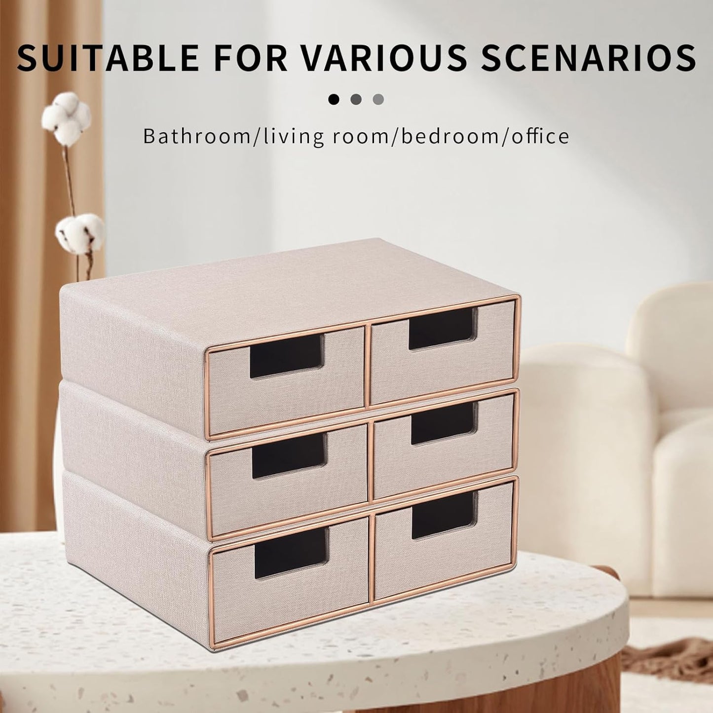 Linen Leather Desk Organizer with Drawers－Mini Desktop Drawer Organizer Stackable－Multifunctional Tabletop Organization Storage Box for Office Supplies Home Vanity Toiletries (Beige, 2-drawers)