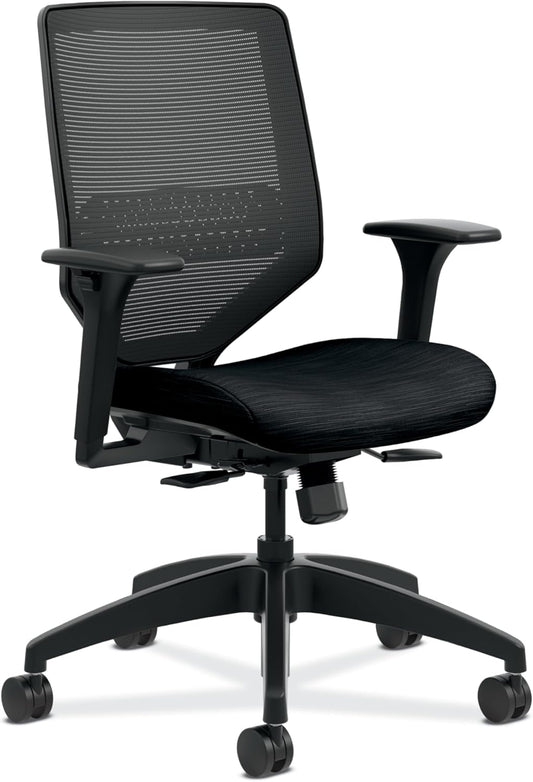HON Solve Task Chair, Ergonomic Office Chair Mesh Back Support, Adjustable Lumbar, with Wheels, Height-Adjustable Arms, for Computers, Desks, Home Office, Black