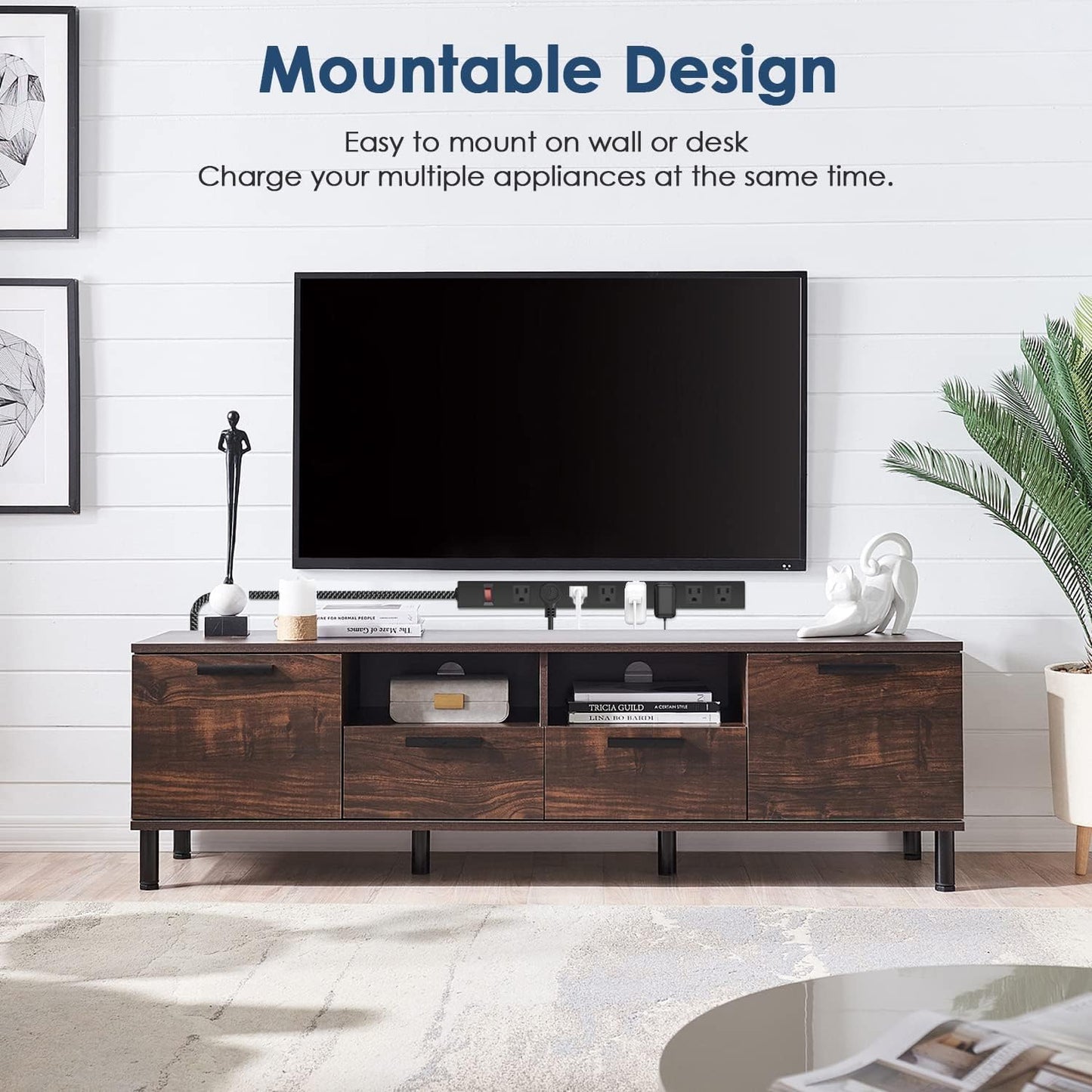 Metal 8 Outlet Mountable Power Strip with Switch,Wide Spaced Heavy Duty Wall Mount Power Strip Surge Protector 1200J,10FT 14AWG Braided Cord 15A 125V 1875W for Home Office Industrial Garage Commercial