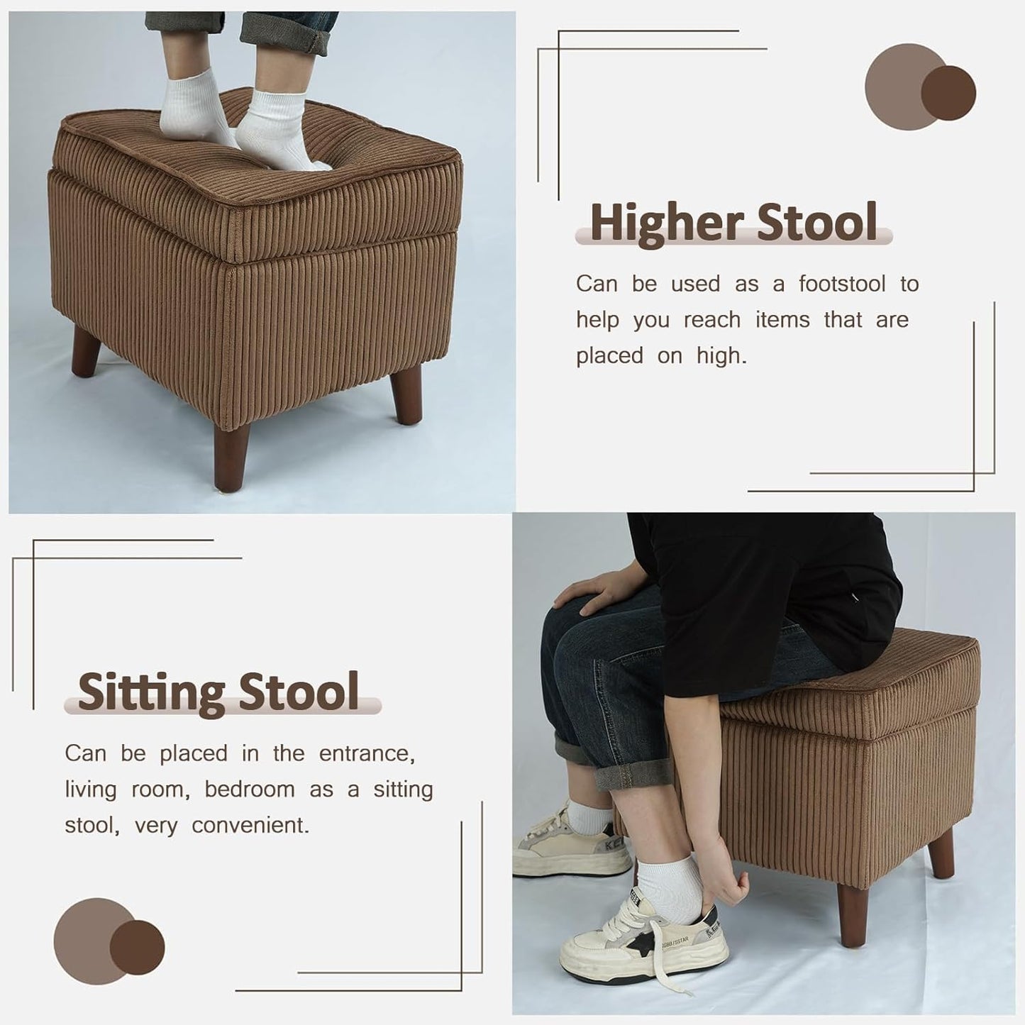 Storage Ottoman with Adjustable Lid, Soft Step Stool, Footrest and Seat, Ottoman Foot Rest for Living Room, Bedroom, Dorm, Brown