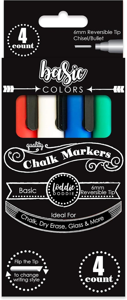 Loddie Doddie Liquid Chalk Markers - 4-Pack Basic Colors 6mm Reversible Tip - Erasable Multi-Surface Chalkboard & Window Markers for Glass Washable