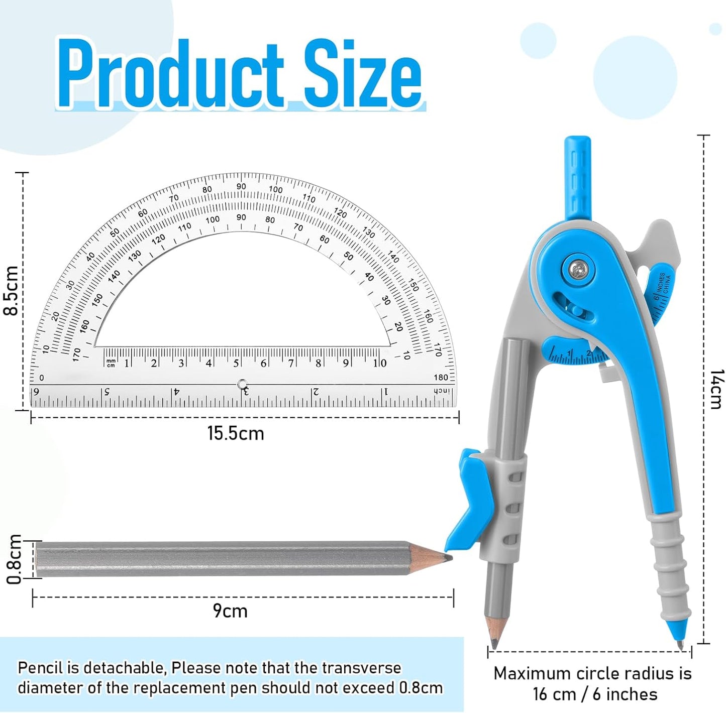 EBOOT Student Geometry Math Set, Drawing Compass and 6 Inch Clear Swing Arm Protractors 180 Degree Math Protractor(Blue)