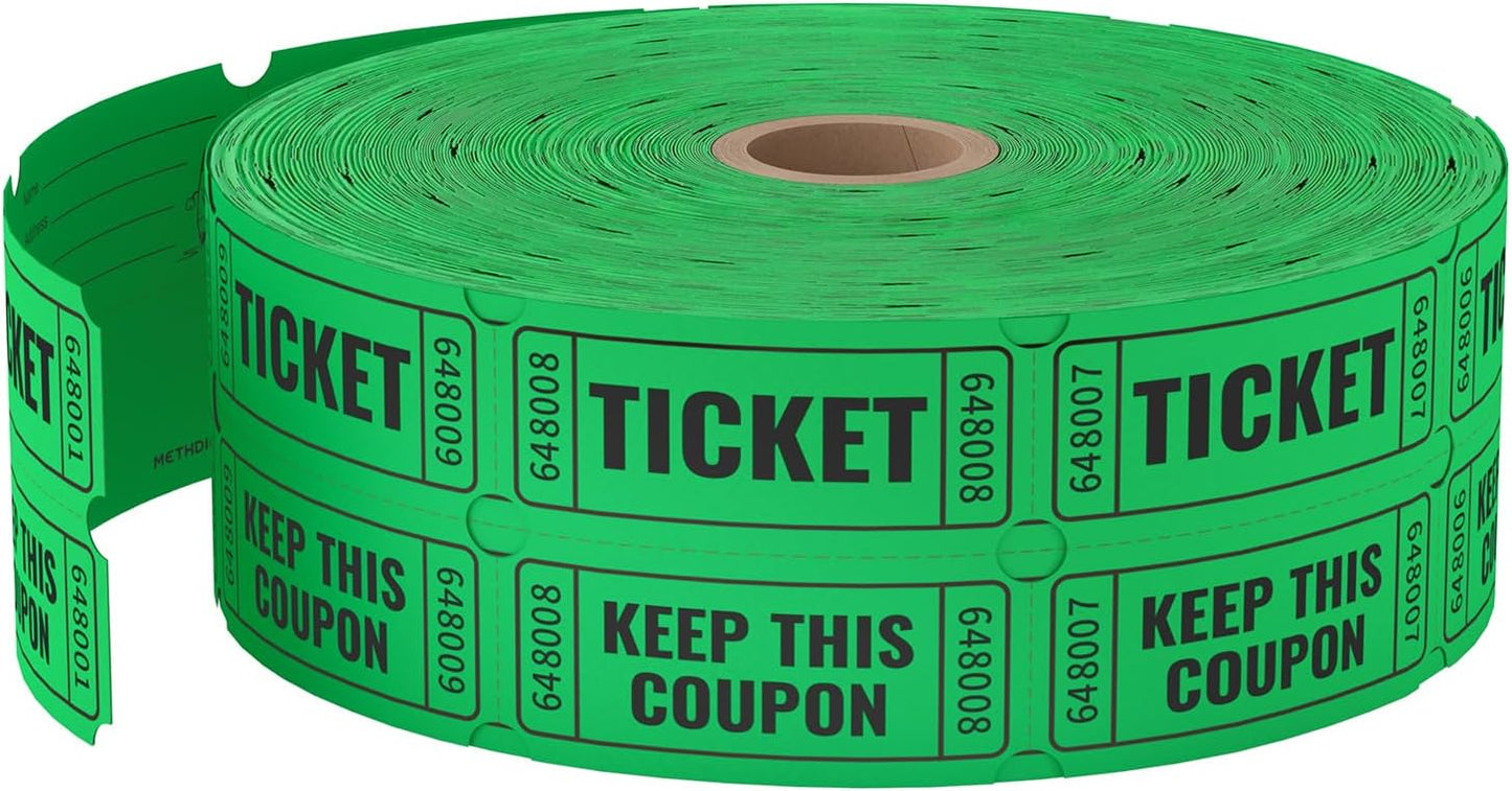 2000 Methdic Green Raffle Tickets (4 Color Selection), Double Roll, Ticket for Events, Entry, Class Reward, Fundraiser & Prizes
