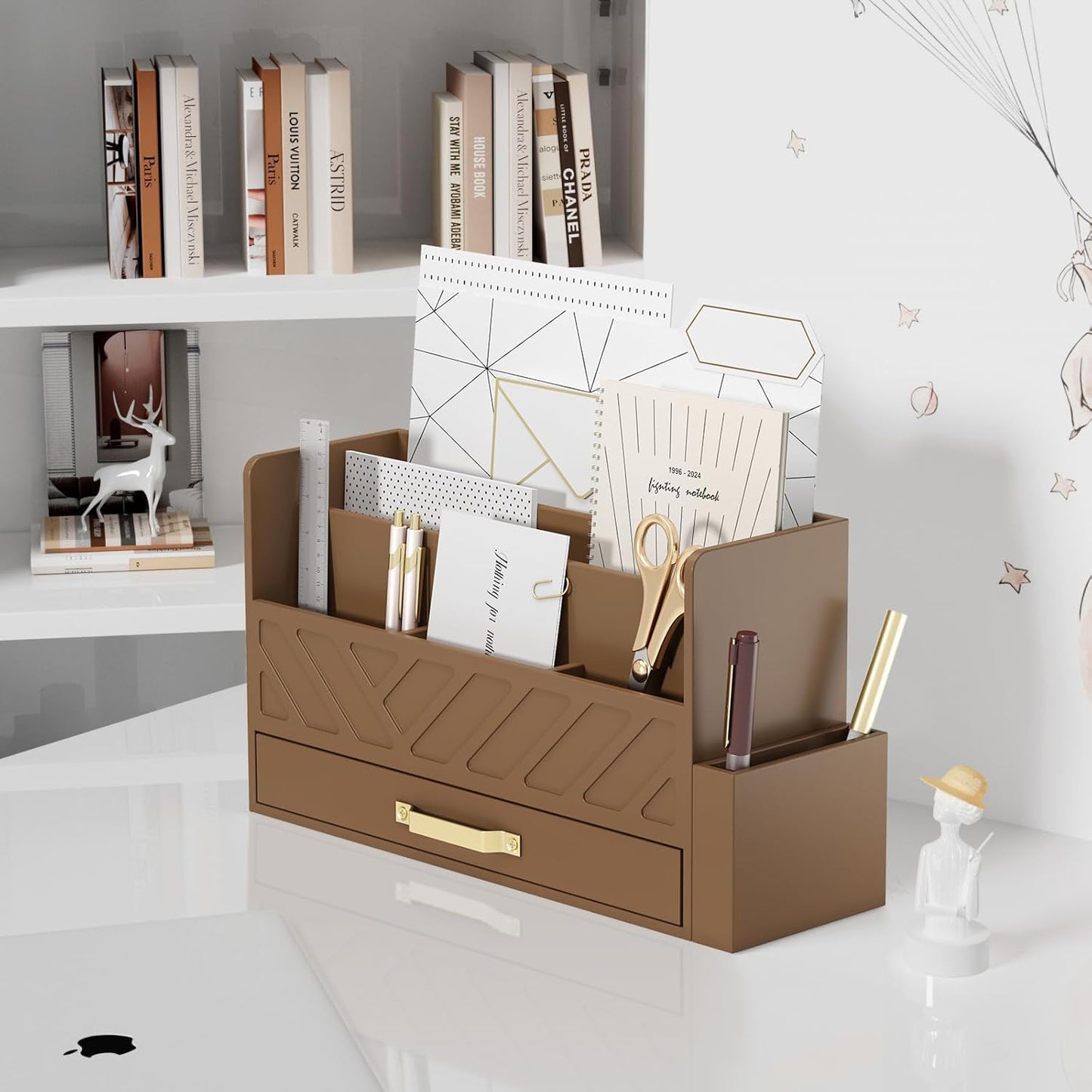 Bamboo Desk Organizer Mail Holder Countertop Wood Desk Drawer Tabletop Storage Box Pen Holder Letter Sorter Makeup Organizer for School Home Office Supplies with Pen Holder Brown