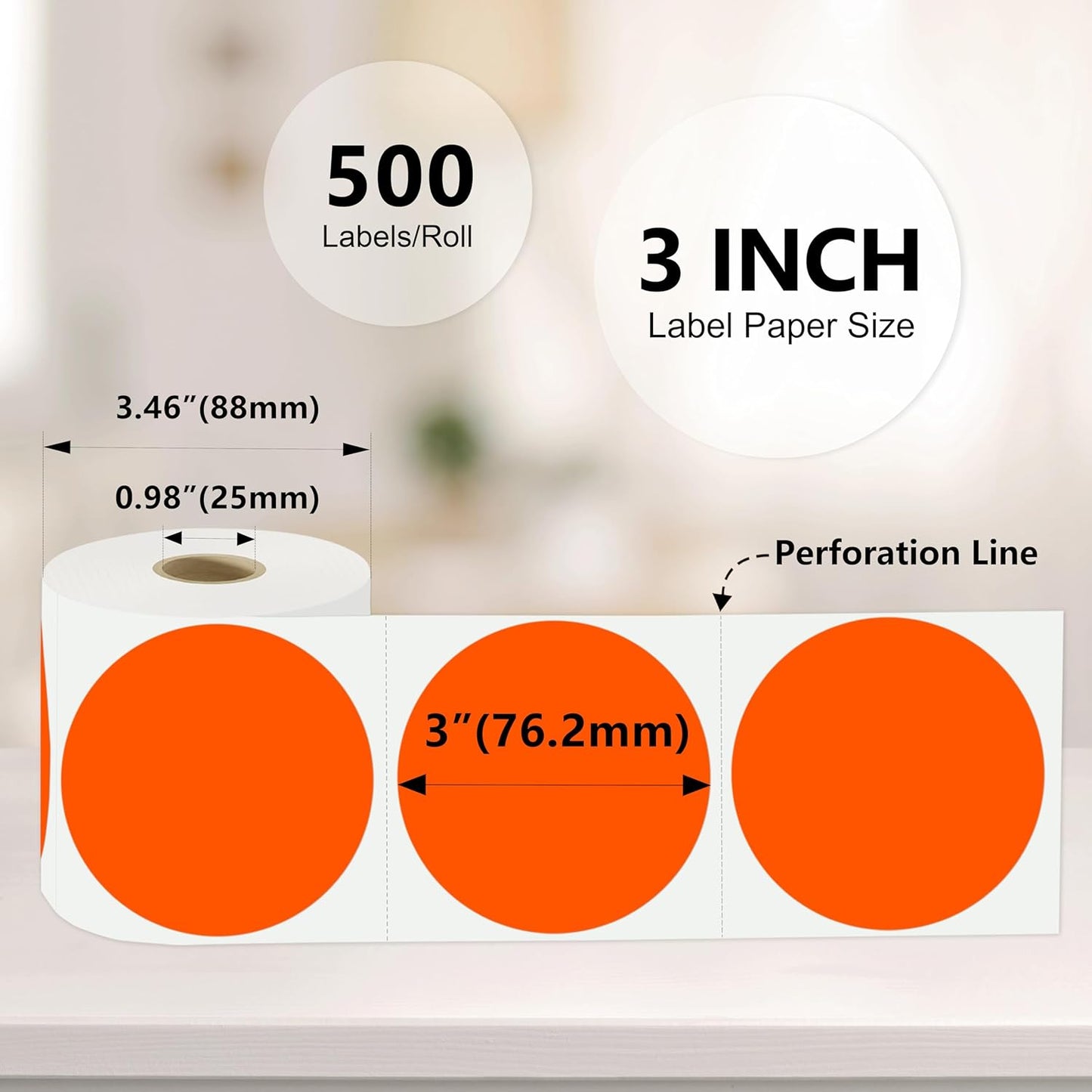 3 X 3 Inch Color Coding Dot Labels Circle Thermal Printable Waterproof 2000 Pcs Round Stickers Adhesive Writable for Office, Home, Garage, DIY Sticker, Barcodes, Name Tag, Fluorescent Orange